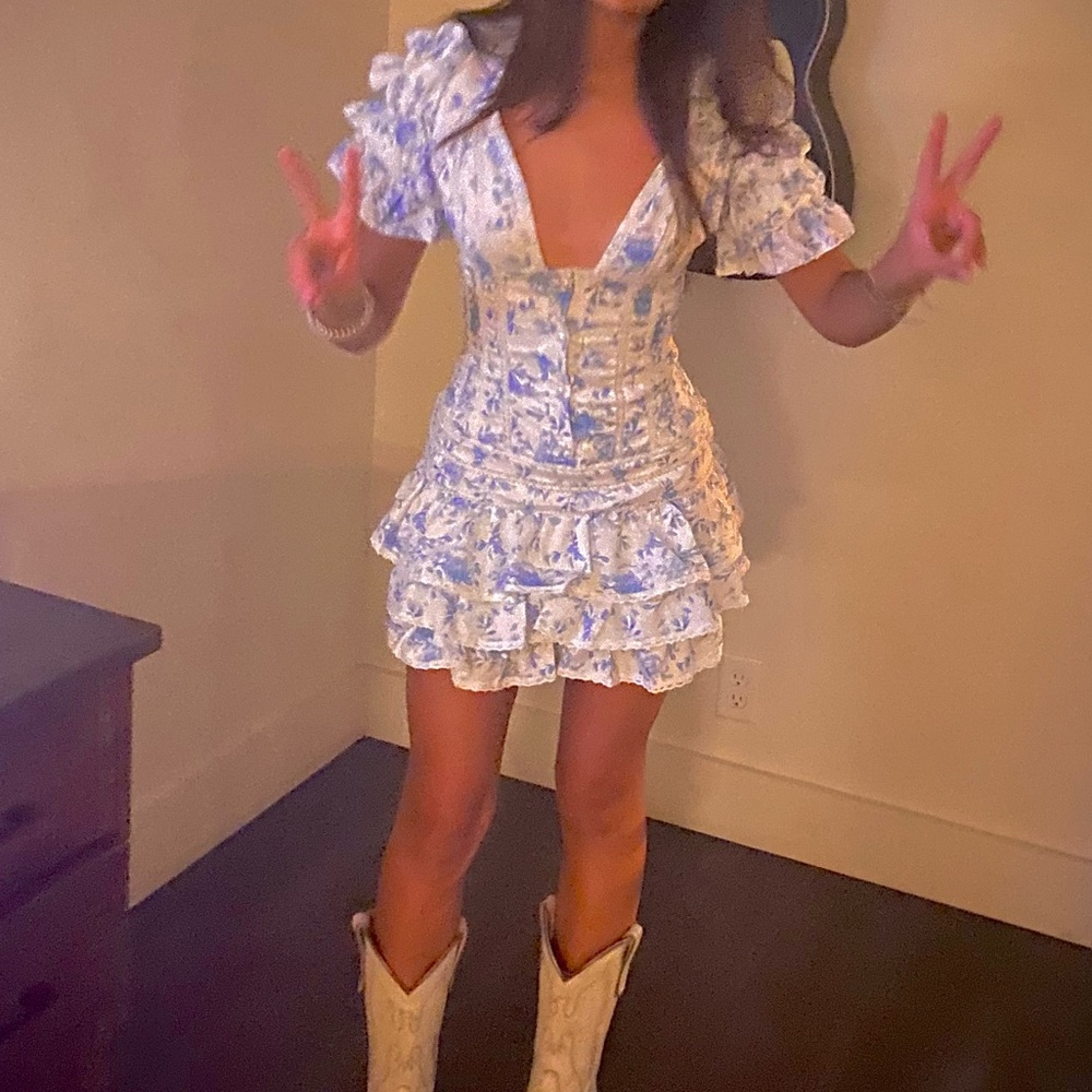 Floral Blue and White Ruffle Dress